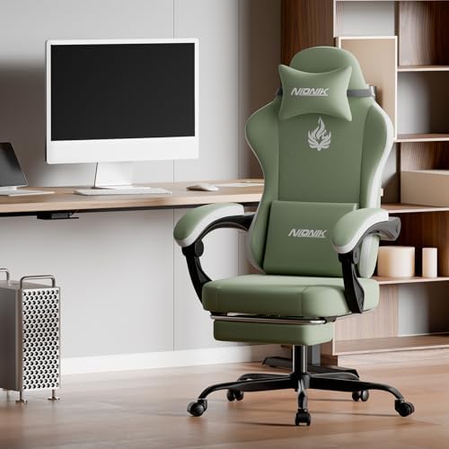 Gaming Chair with Massage,Ergonomic PC Gaming Chair Computer Chairs with Footrest Comfortable Headrest and Lumbar Support, High Back GREENWHITE