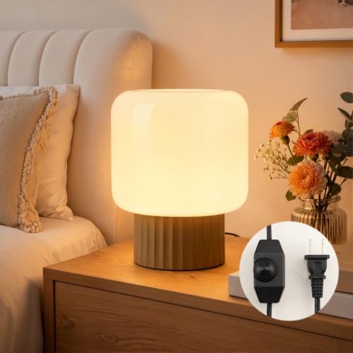 VOLISUN Mushroom Lamp, Plug-in Table Lamp with White Glass Shade, 2700K Warm White & Stepless Dimming, Modern Bedside Lamp for Bedroom, Living Room and Home Decor, 1 Pack (Brown)