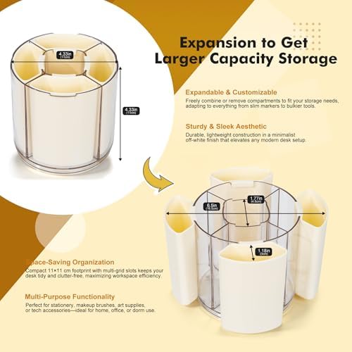 Comix 360° Rotating Pen Holder for Desk, Beige Pencil Holder with 5 Slots