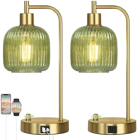 Green Glass Table Lamps Set of 2, Dimmable Bedside Lamps for Living Room