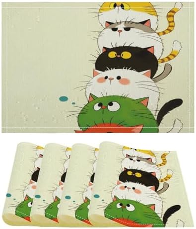 Stacked Colorful Cats Linen Placemats Set of 4PCS, Heat Resistant Non-Slip Washable Table Placemats for Dining Everyday Use Hotel Banquet Home Decor