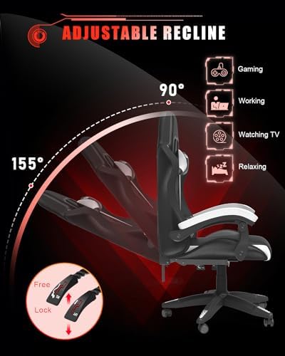 Bigzzia Gaming Chair with RGB LED Lights, High Back Ergonomic Computer Gamer Chair with Headrest and Lumbar Support, Racing Style Reclining Game Chair for Adults, Kids(Black/White)