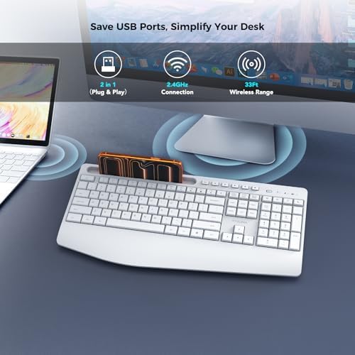 KYSONA 5th Gen Wireless Keyboard,2.4G Full-Sized Cordless Ergonomic Keyboard with Wrist Rest, Phone ipad Holder, Adjustable Angle, Compatible with Laptop/PC/Mac/Windows, White