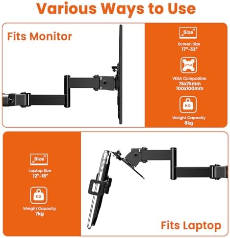 PUTORSEN Laptop Pole Mount Tray – Universal Full Motion Arm Holder with Removable 75mm & 100mm VESA Plate, Fits 12–18 Inch, Black