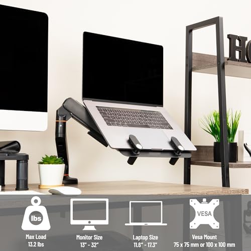 Mind Reader Gas Spring Laptop Desk Mount, Fits 11.6–17.3" Laptops or Monitors, 180° Rotate, 13.2 lb Capacity, Single Arm with Integrated Cable Management, Adjustable Tilt/Swivel, Black