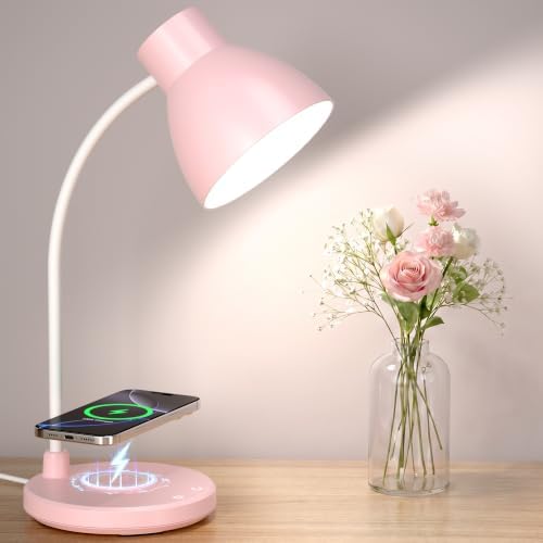 LED Desk Lamp for Home Office with Wireless Charger, Pink