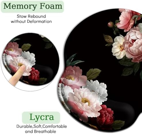 LIMKRIAN Black Flower Ergonomic Mouse Pad with Wrist Rest, 9.8 x 8.6 in