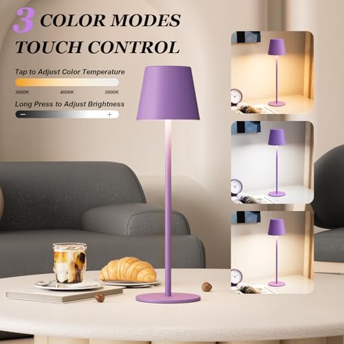 Kakanuo Cordless Table Lamp Rechargeable Purple - KK 2 Pack 5000mAH Battery Operated Lamp for Counter, 3 Color Stepless Dimming Wireless Lamp for Dining Kitchen, Outdoor Patio, Touch Control