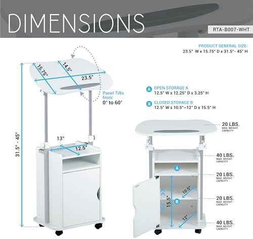 Techni Mobili Adjustable Laptop Cart w/Storage, Rolling Mobile Desk, White