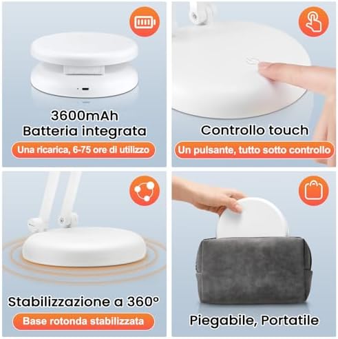 Battery Battery Operated Cordless Rechargeable Lamp - 3600mAh 10 Brightness Wireless LED Desk Table Lamp, Small Mini Portable Battery Powered Light for Home Office, Reading, Nail Light