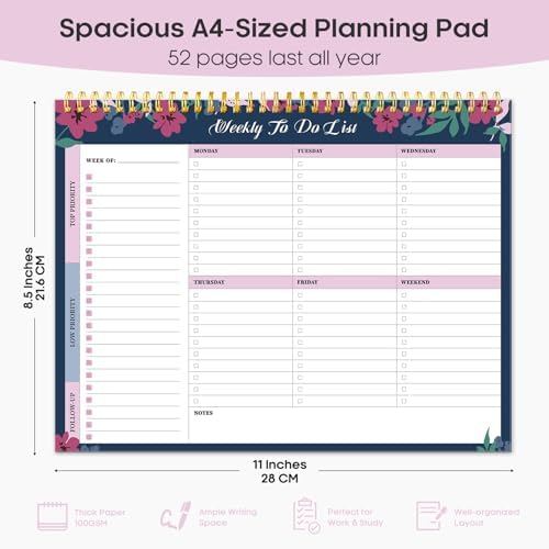 Taja Weekly To Do List Notepad, Undated Weekly Planner Pad, 8.5" x 11"