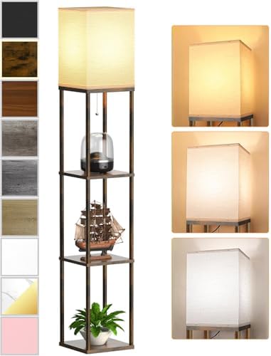 Floor Lamp with Shelves for Living Room Brown, Shelf Floor Lamp with 3 CCT LED Bulb, Corner Display Standing Column Lamp Etagere Organizer Tower Nightstand with White Linen Shade for Bedroom