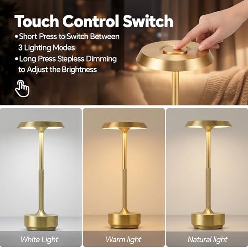 1 Pack Rechargeable Cordless Table Lamp, 5000mAh Battery Table Light 3 Color Stepless Dimming Portable LED Table Light with Memory Function, for Outdoor/Dinner/Patio/Restaurant.(Gold)