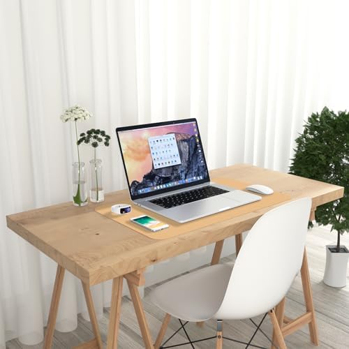 Hsurbtra Desk Pad, 23.6" x 13.8" PU Leather Desk Mat, M Extended Mouse Pad, Waterproof Desktop Blotter Protector, Non-Slip Ultra Thin Small Laptop Keyboard Writing Mat for Office Home, Earth Yellow