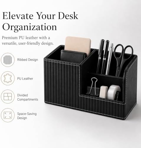 KINGFOM Desk Pen Organizer Office Supplies Caddy Pu Leather Multi-function Storage Box Pen/Pencil,Cell phone, Business Name Cards Remote Control Holder (Black)