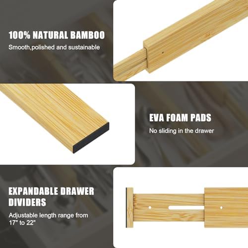 Bamboo Drawer Dividers, Adjustable Drawer Organizers, Fits 17.6–21" Drawers
