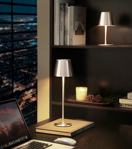 3 Pack Cordless Table Lamp, Portable Battery Operated Lamp with 3 Color Temps and Stepless Dimming, Rechargeable Table Lamp for Dinner, Desk, Cafe, Outdoor (Brushed Silver)