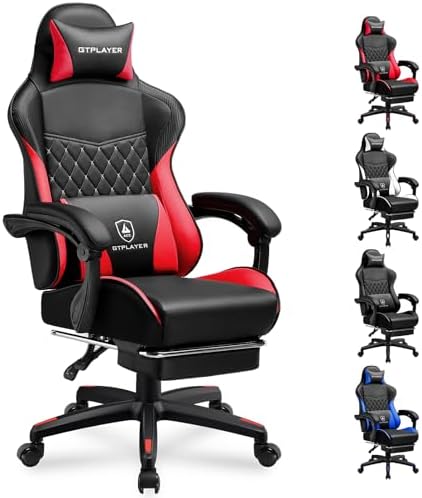 GTPLAYER Gaming Chair, High Back Leather Computer Gaming Chair with Footrest, Ergonomic Height Adjustable Office Chair with Removable Cover and Lumbar Support for Gaming & Work,RED