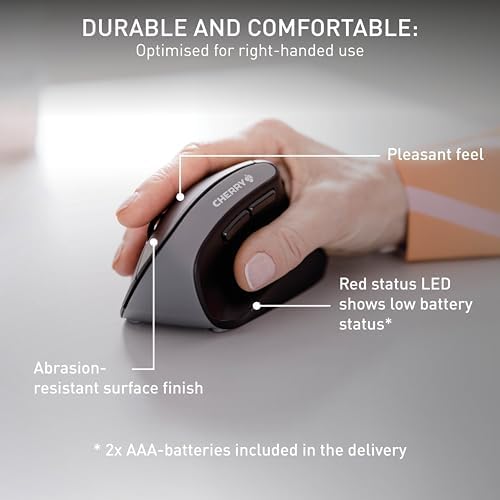 Cherry MW4500 Wireless Vertical Ergonomic Optical Mouse, up to 1200 DPI, 6 Buttons and Scroll Wheel for Laptop, PC, Desktop or Mac. Right Handed.