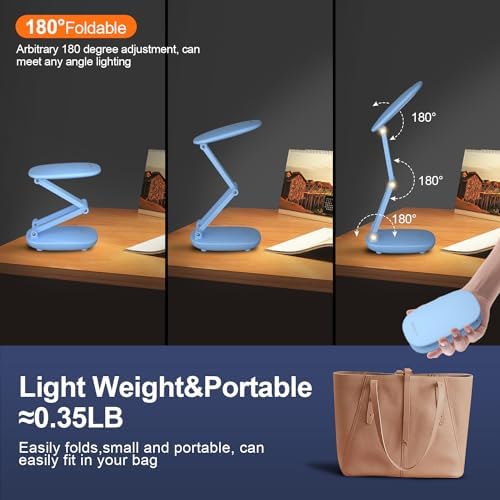 Akejrym LED Desk Lamp for Office & Home, Battery Operated, Foldable & Portable Light, 2-Fold Bracket, 3 Brightness Dimmable, Wireless Reading Lamp (Blue)