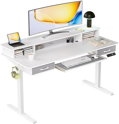 Electric Standing Desk with Keyboard Tray, 55x24 Inches Height Adjustable Stand up Desk with 2 Drawers, Ergonomic Sit to Stand Table with Storage Monitor Stand, White