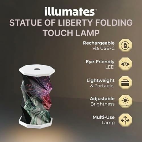 Origami Expanding Foldable LED Desk Lamp – USB Rechargeable & Portable - Dimmable Touch Control Light with Adjustable Height up to 5 1/2 for Office, Bedside - Sleek & Modern Design (Statue Of Liberty)