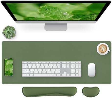 Bloss Leather Mouse Pad with Wrist Rest, Large Mousepad + Keyboard Pad, Non-Slip Desk Mat for Office, Home(27.6" x 13.8", Olive Green)