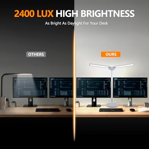 G Keni LED Desk Lamp, 2400 Lux Bright Desk Lamp for Home Office, Dual Head Adjustable Desk Lamp with 5 Color Modes, Stepless Dimming, 360° Gooseneck, Auto Timer, Eye Caring Task Light
