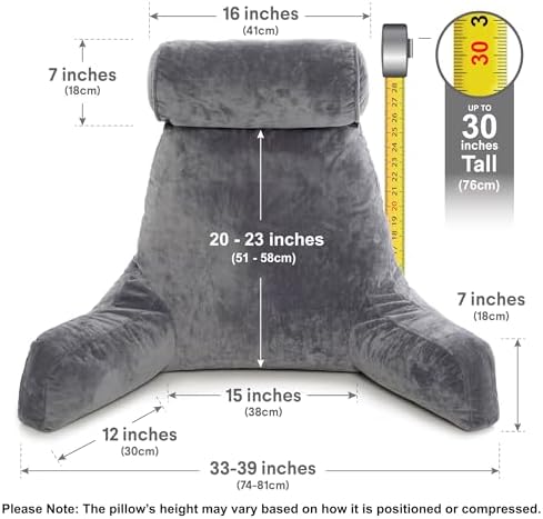 Husband Pillow XXL The Original for Adults - 30" Tall Backrest for Sitting Up in Bed - Firm Support Reading & Bed Rest Pillows for Adults, Neck Roll, Removable Cover - TV - Dark Grey