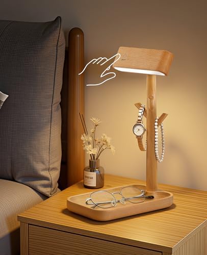 Cordless Table Lamp, Rechargeable Wooden Lamp with Organizer Tray