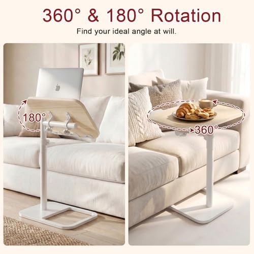GOYLSER TV Tray Table for Couch, Height Adjustable/360° Swivel/180° Flip-Over Panel Design C-Shaped End Table, Sofa End Side Table with Phone & Tablet Slot for Eating, Laptop, Couch (Natural)
