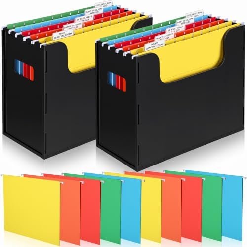 Qeeenar 2 Pcs Hanging File Box with 10 Pcs Multicolor Hanging File Folders