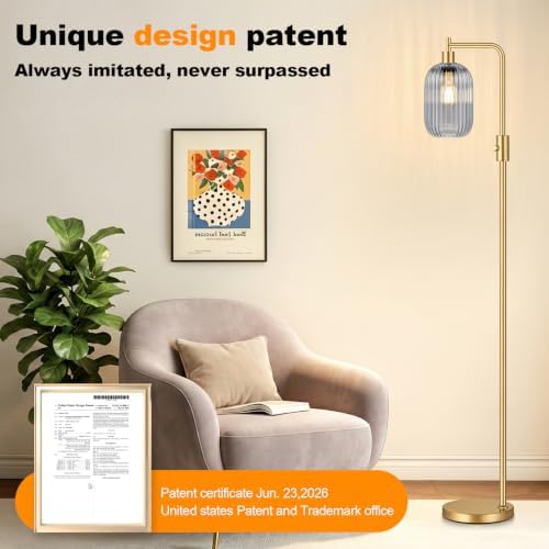 【Upgraded】 Dimmable Floor Lamp for Living Room with Gray Ribbed Glass Lampshade, Gold Modern Floor Lamp with 900LM LED Bulb Included, Arc Standing Tall Lamp for Bedroom, Office, Reading Room, Corner