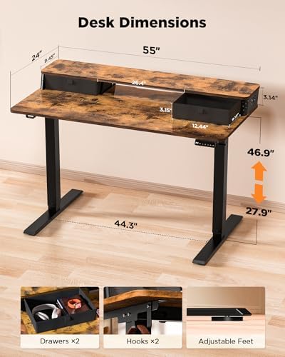 FiCiHi 55x24 Inch Electric Standing Desk, 2 Drawers, Adjustable Height Desk