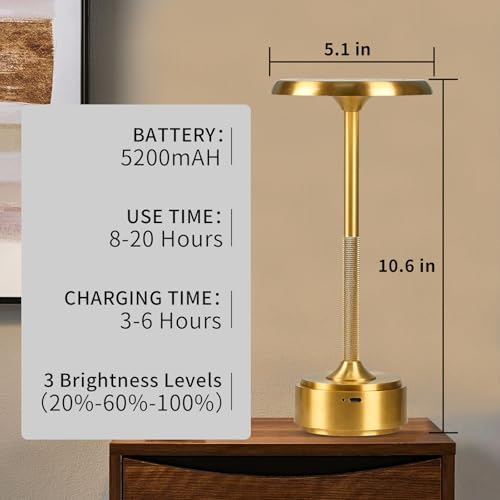 Cordless Rechargeable Modern Metal Table Lamp, Touch Dimming, 3-Color