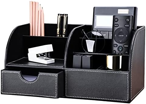 KINGFOM Pu Leather Desk Organizer Pen Pencil Holder Office Supplies Caddy Storage Box 6 Compartments with Drawer Black
