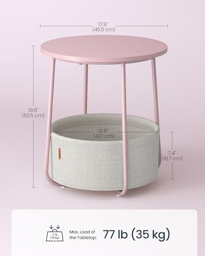 SONGMICS HOME Small Side Table, Round End Table, 2 Tier Nightstand with Basket, U Shaped Steel Legs, Easy Assembly, for Living Room, Bedroom, Pink and White