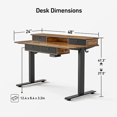 FEZIBO 48 x 24 inch Standing Electric Desk with Drawers, Rustic Brown