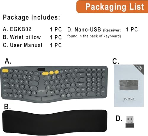 J-Tech Digital ProType S Wireless Split Ergonomic Keyboard for Long Nails, Carpal Tunnel Relief, 2.4G & Bluetooth, Rechargeable, Detachable Palm Rest, Quiet Mechanical Keys for Windows, Mac, iPad