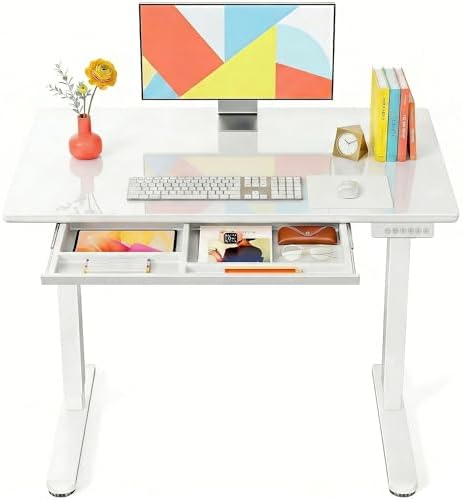 Marsail 37 x 22 inch Glass Standing Desk with 4-Zone Drawer Storage, White