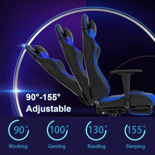 PC Gaming Chair with Footrest, Ergonomic Home Office Chair with Lumbar Support & Headrest Pillow, Blue
