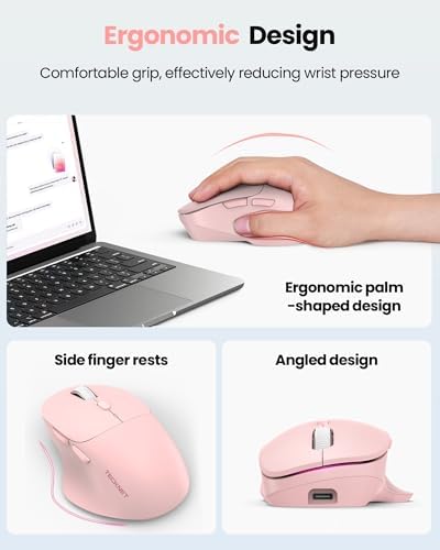 TECKNET Wireless Mouse Bluetooth 5.0/3.0 & 2.4G Rechargeable, Silent Clicks, Adjustable 4800 DPI, 6 Buttons, Ergonomic Design, Bluetooth Mouse for Laptop, Computer, ipad - Pink