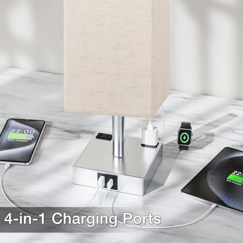 Beige Touch Table Lamp for Bedroom - Dimmable, USB C+A, 2 AC Outlets
