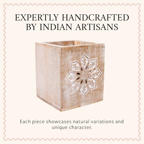 Mela Artisans Serena Mango Wood Pen Holder - Whitewash, 4x3.5 in