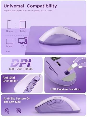 RAPIQUE Bluetooth Wireless Mouse, Dual Bluetooth & 2.4GHz, Purple