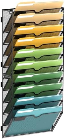 SUPEASY 10 Tier Wall File Organizer, Hanging Wall Mounted Mail Organizer with Label Slots, Metal Mesh File Holder Magazine Rack for Office, Home, School or Classroom, Black