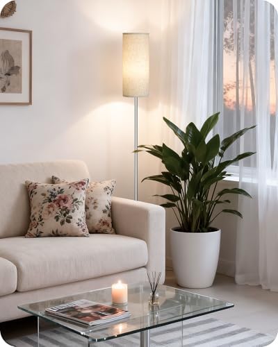 Dimmable Floor Lamps for Living Room with Remote and Foot Switch, 64.4” Modern Standing Tall Lamp, Corner Lamp for Bedroom, Office, Bulb Included, 3000K-6500K, Beige and Silver, FCC Listed SE06LD05W1