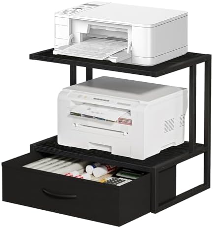 Printer Stand with Storage for Desk, with Fabric Drawer Desktop Printer Stand Shelf Organzier for Home Office, for Above and Under Desk Printer Table, Fax Machine Copier Scanner, Black