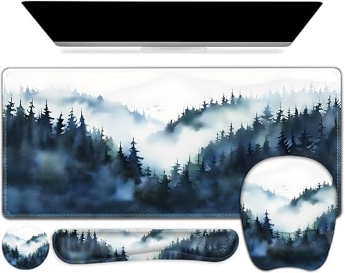 Large Mouse Pad, Keyboard Wrist Rest Set, Ergonomic Mouse Pad with Wrist Support, Desk Mat with Stitched Edges + Coaster, Extended Desk Pad Waterproof Desk Mat for Home Office Game I Misty Forest
