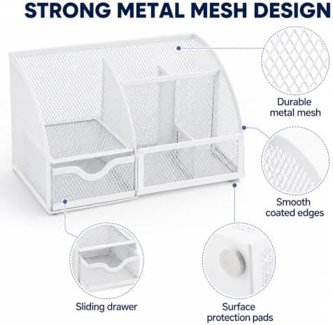 Exerz Desk Organizer 7 Compartments Metal Mesh Pen Holder Caddy White